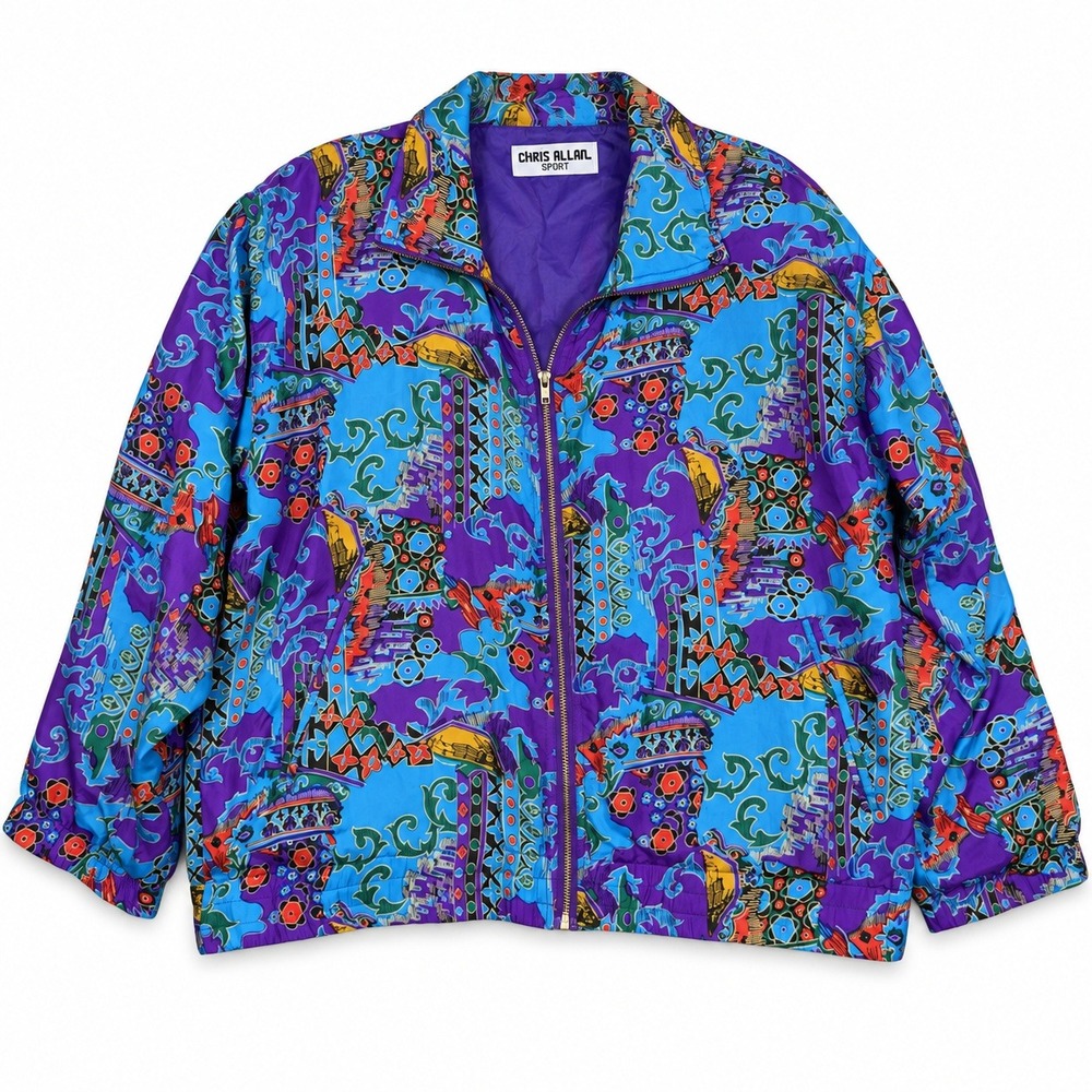 Vintage 90s M Silk Windbreaker Bomber Jacket Abstract Colorful Retro Maximalist